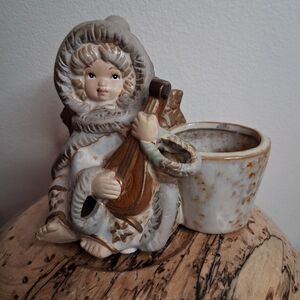 Vintage Ceramic Winter Girl Figurine Planter Lute Player Gold Star Wings Rustic